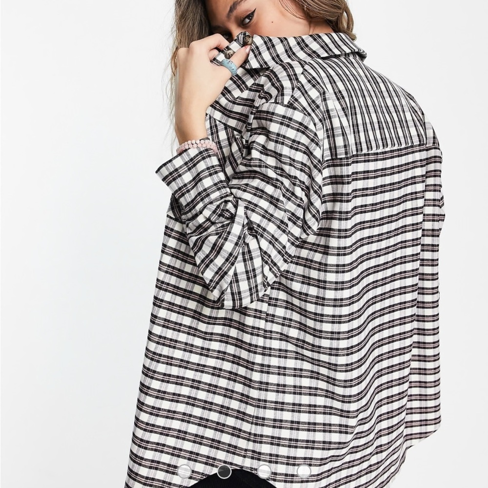 NWT TOPSHOP Plaid Button Up Long Boxy Flannel Oversized check shirt in pink ASOS
